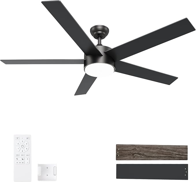 POCHFAN 60 Inch Black Ceiling Fans with Lights and Remote Control, Quiet Modern Ceiling Fan for Bedroom,Living Room, Dining Room,Dimmable 3-Color Temperatures 6-Speed