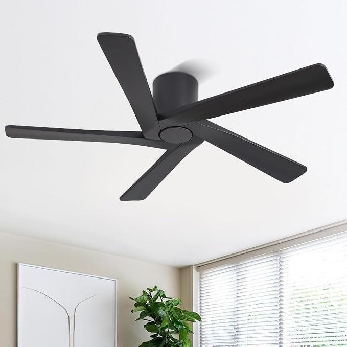 WINGBO 54 Inch Flush Mount DC Ceiling Fans without Lights, 5 Carved Solid Wood Blades, 6-Speed Reversible DC Motor, Low Profile Hugger Ceiling Fan No Lights for Indoor and Outdoor, Matte Black
