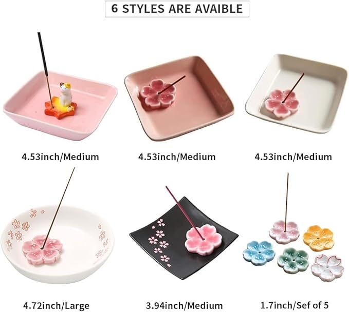 Set of 5, Japanese Mini Cherry Blossom Ceramic Incense Stick Holder or Incense Burner Holder, Handmade Cute Multicolour Unique Ash Catcher Inscent Tray and Decorative Gift, Home Decor, 1.7 inches