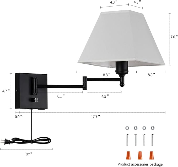 Swinging arm wall lamp, Fabric lampshade, with Plug and dimming Rotary Switch, USB and Type-C Charging Port, Suitable for Bedside, Living Room, Hotel and Bedroom wall Lamps