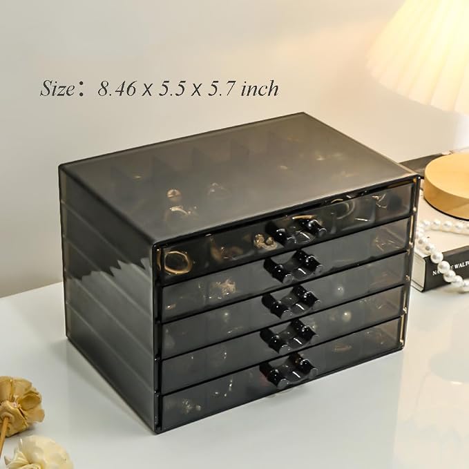 YUFONG Earring Storage Box Organizer, Acrylic Jewelry Storage Box Holder 5 Drawers Transparent Jewelry Display Stand with 120 Small Compartments Gift Boxes for Women Girls (Clear Black)