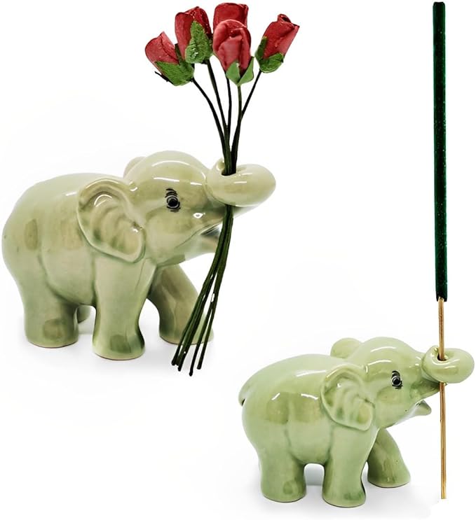 2½" Green Curl Trunk Baby Elephant Elegant Ceramic Incense Stick Holder Artistic Collectible Figurine for Adult Collectors Sophisticated Accent Gift Handcrafted Porcelain Home Decor
