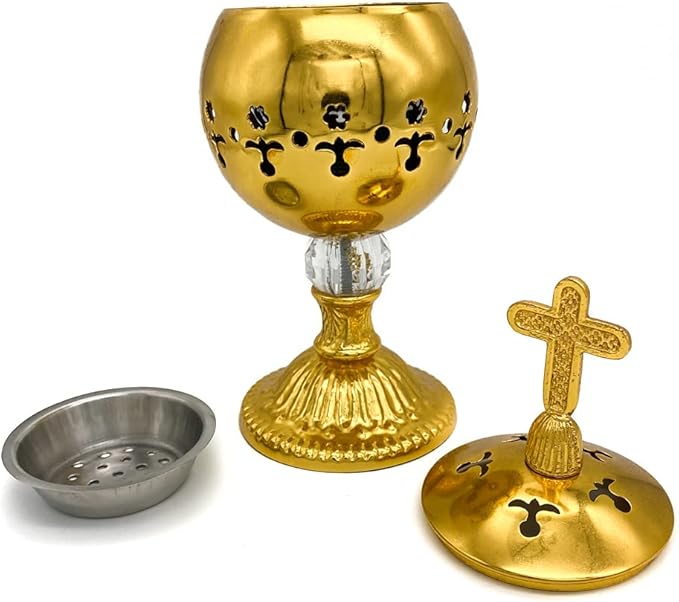 Nazareth Store Gold Incense Burner Charcoal Polished Brass Censer Christian Church Incense Holder Incense Cones Cross 7.9" Aromatherapy Fragrance Ornament