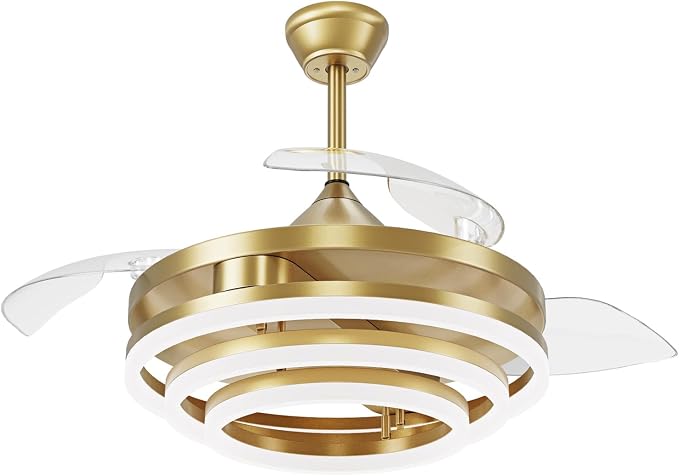 TXCSLY Retractable Ceiling Fan, 42 Inch Chandelier Ceiling Fans with Light, Modern Fandelier Ceiling Fan for Bedroom Living Room Dinning Room, Reverse Motor, 3 Color, 6 Wind Speed, Gold