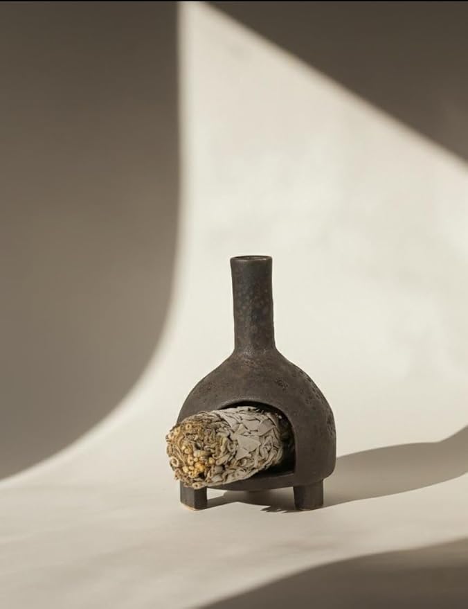 Sculptural Ceramic Incense Holder & Burner, Handmade Textured Clay with Black Glaze, for Sage & Palo Santo, Rustic Natural Decor for Wabi-Sabi Yoga & Meditation