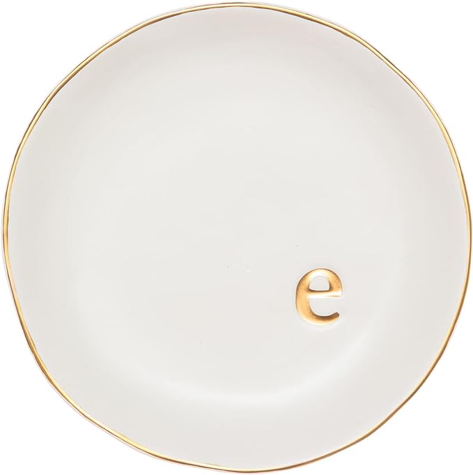 COLLECTIVE HOME Ceramic Jewelry Tray, Trinket Dish, Gifts for Women (E) | Mother's Day, Birthday, Christmas, Engagement Gifts, Vanity, Nightstand Decor, Embossed Gold Monogram Ring Dish with Gift Box