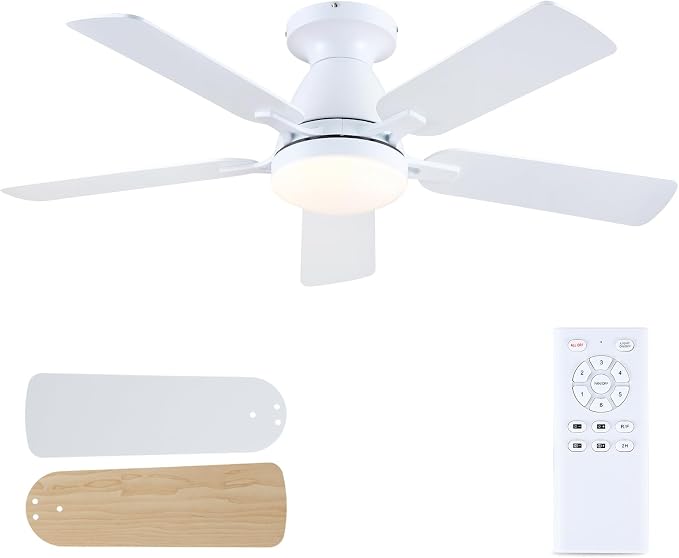 46 Inch Ceiling Fans with Lights and Remote, Flush Mount, White | Low Profile, Dimmable LED, Reversible, Quiet DC Motor, Wooden Blades, for Modern Apartment Bedroom Home Office Living Room