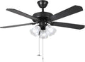 52 Inch Indoor Ceiling Fan with Pull-Chain and LED Light Bulbs Base, Traditional 3-Speeds Reversible Blades Ceiling Fan (Black)
