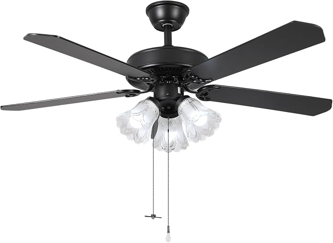 52 Inch Indoor Ceiling Fan with Pull-Chain and LED Light Bulbs Base, Traditional 3-Speeds Reversible Blades Ceiling Fan (Black)