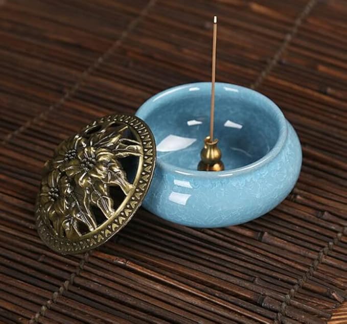 Colorful Ceramic Ice Cracked Incense Burner, Household Incense Holder, Zen Buddha Cone Coil Stick Incense Base with Cover (Green)