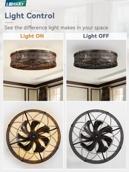 LEDIARY 20" Caged Ceiling Fans with Lights,Low Profile Flush Mount Enclosed Bladeless Farmhouse Ceiling Fan with Light and Remote,Black and Gold Vintage Victorian Rustic Fandelier for Bedroom,Kitchen
