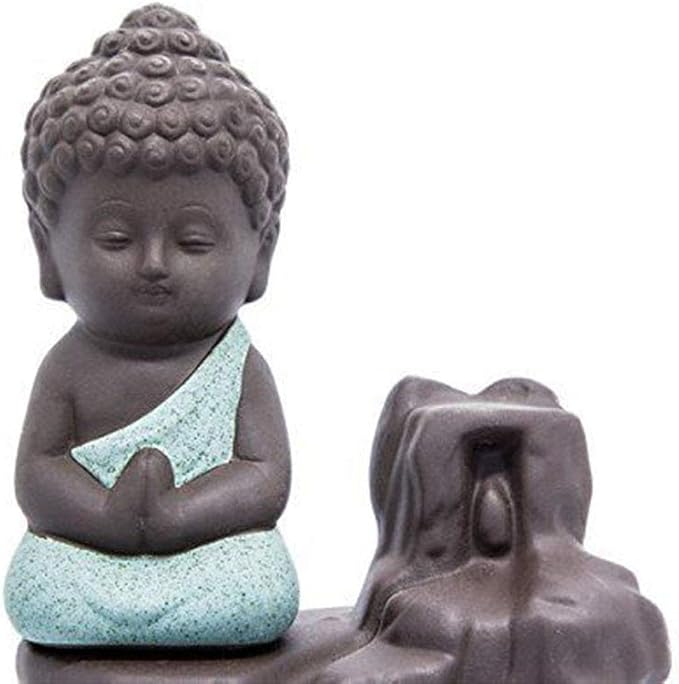 Incense Burner Smoke Waterfall Backflow Holder Ceramics Porcelain Buddha Little Monk Tower Cones Sticks Ash Catcher(Green)