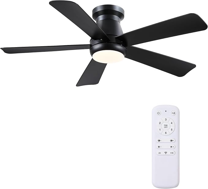Hounberi 46 Inch Modern Low Profile Ceiling Fan with Light and Remote Control, Quiet 3CCT Dimmable LED Flush Mount Fan for Bedroom Living Room, 5 ABS Blades Reversible Motor, Black