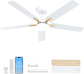LANMEL 52 Inch Ceiling Fans with Lights, App&Remote Control, Low Profile Modern Ceiling Fan, 6 Speed, Reversible, 3000k-6500k Dimmable LED, Quiet DC Motor for Indoor Outdoor Use, Gold White