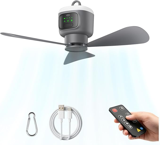 18 inch Portable Ceiling Fan with Light & Remote, 12000mAh Battery Powered Rechargeable Tent Fan, Outdoor Ceiling Camping Fans Light with Hanging Hook for Canopy Gazebo Patio RV Travel Fishing