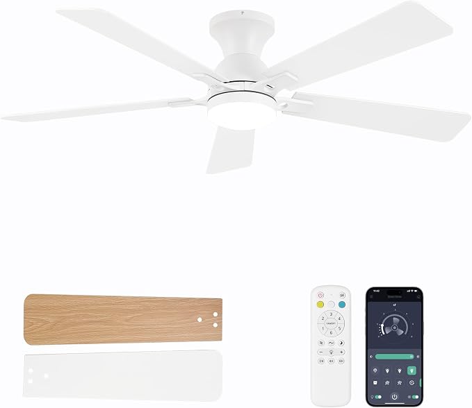Ceiling Fans with Lights, 52 Inch Low Profile Ceiling Fan with Light and Remote Control, Flush Mount, Reversible, 3CCT, Dimmable LED, Quiet, White Ceiling Fan for Bedroom, Living Room