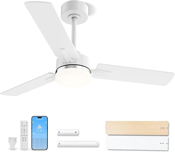 LANMEL Ceiling Fan with Light, Modern Flush Mount Low Profile with Remote Control, Reversible, 3CCT Dimmable, Quiet,LED for Bedroom, Living Room, Indoor/Outdoor Patio Use 42 Inch Silver & White