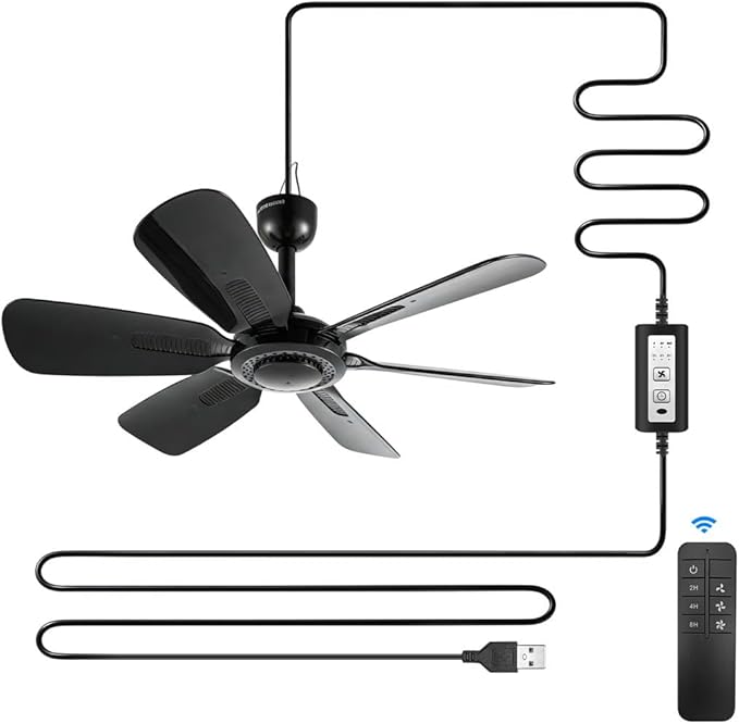 17.7" Inch Portable Ceiling Fan with Remote Control Timing 3 Speed,USB Plug In,5V DC Powered,6 Blades,Indoor/Outdoor RV Camping Tent Canopy,Gazebo,Beach,Hanging,Quiet,black
