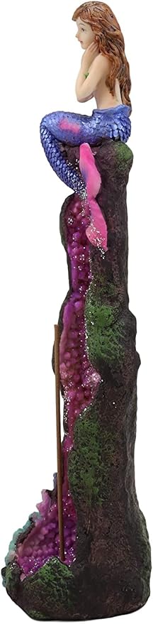 Ebros Gift Beautiful Ocean Mermaid Ariel Sitting On A Purple Quartz Crystal Quarry Coral Reef Pillar Tower Incense Burner Sculpture Nautical Mermaids Fantasy Figurine