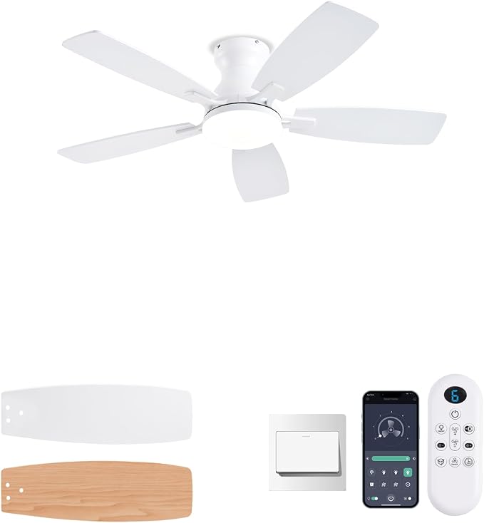 NKPU Ceiling Fans with Lights, Low Profile Ceiling Fan with Light and Remote/APP Control, DC Motor, Noiseless, Flush Mount, 42inch White Ceiling Fan for Bedroom Indoor/Outdoor Use