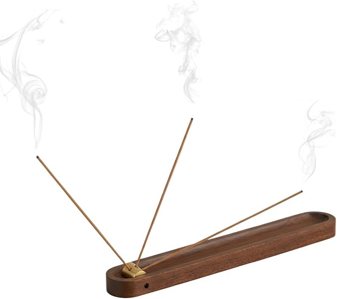 Wood Incense Holder for Sticks with Ash Catcher, 7.2 Inch Brass Incense Burner with 3 Holes, Wooden Incense Stick Holder for Meditation, Yoga, SPA & Home Decor