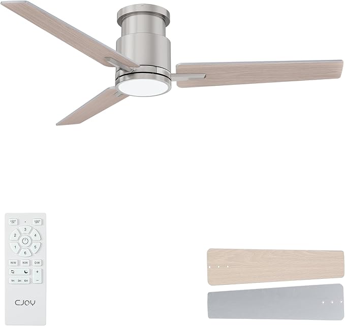 CJOY Ceiling Fans with Lights, 52 Inch Flush Mount Indoor Ceiling Fan with Light and Remote, Low Profile, LED Dimmable DC Reversible Modern Ceiling Fan for Bedroom（Brushed Nickel）