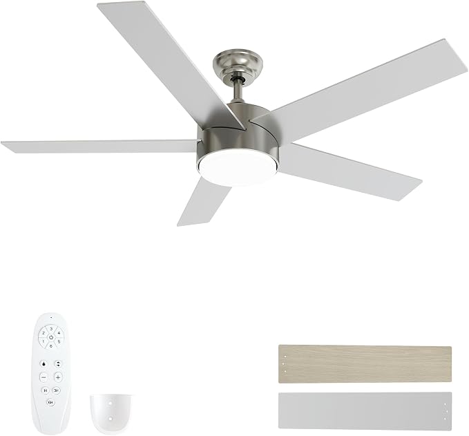 POCHFAN 52 Inch Brushed Nickel Ceiling Fans with Lights,Ceiling Fan with Remote Control,Reversible DC Motor,3 CCT 6-Speed,Noiseless Ceiling Fan for Bedroom,Living Room,Dining Room,ETL Listed