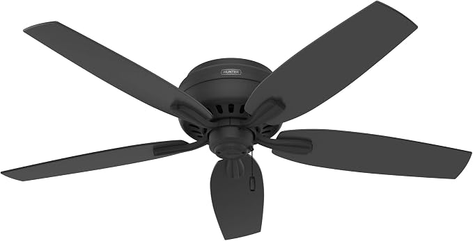 Hunter 52 inch Indoor Ceiling Fan with LED Light - Black Ceiling Fan with Pull Chain, For Bedroom or Living Room, Low Profile Flush Mount, 5 Blades, Includes Bulbs - Newsome 52396, Matte Black | Low Profile Flush Mount, Pull Chain, 5 Blades, For Bedroo...