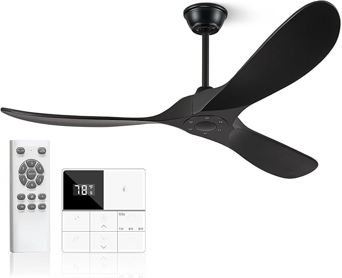 Eliora 52 Inch Ceiling Fan without Lights, Wood Ceiling Fans no Light with Remote Wall Switch and DC Motor, Indoor Outdoor Fan for Patio, Porch, Bedroom Propeller 3 Blades Ceiling Fans Matte Black