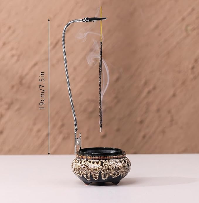 Incense Burner with Calabash Incense Stick Holder - Porcelain Charcoal Censer for Use with Resin Granular Powder Cone or Coil Incense (Fambe Gray)