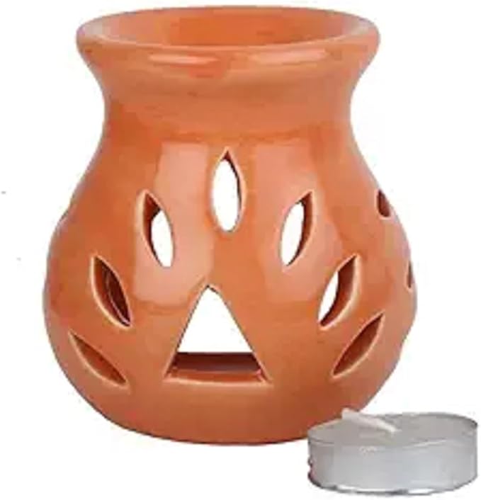 Pure Source India Ceramic Essential Oil Burner Wax Melt Burners |Aromatherapy| Ceramic Oil Diffuser| Candle Tealight Holder (Set of 1) Home Bedroom Decor Christmas Housewarming Gift, Orange