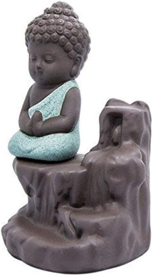 Incense Burner Smoke Waterfall Backflow Holder Ceramics Porcelain Buddha Little Monk Tower Cones Sticks Ash Catcher(Green)