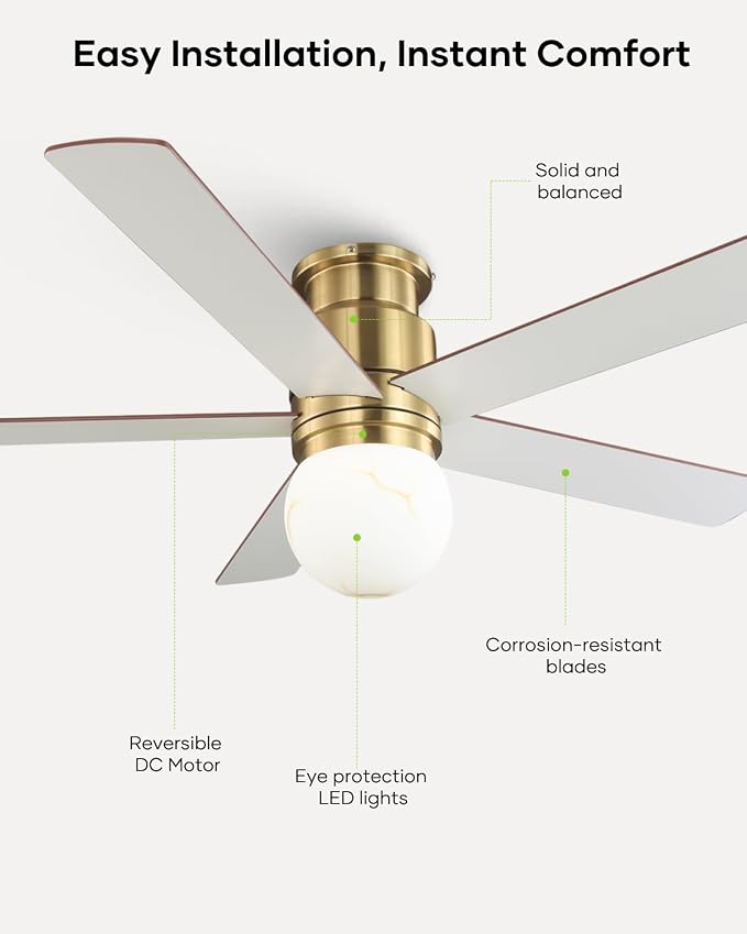 52 Inch Low Profile Ceiling Fan with Light, Flush Mount Brushed Gold Ceiling Fan Remote,ETL Listed, Indoor Outdoor Fan for Bedroom Living Room Patio, 3CCT, 6 Speeds
