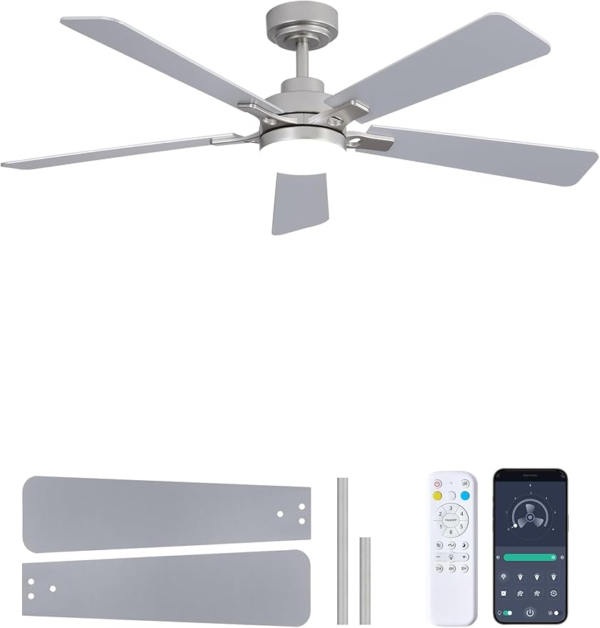 52 Inch Ceiling Fan with Lights and Remote, Downrod Mount, Sloped Ceiling Compatible up to 15°, Quiet Reversible DC Motor, 3CCT Dimmable LED, Nickel Ceiling Fan for Bedroom Living Room