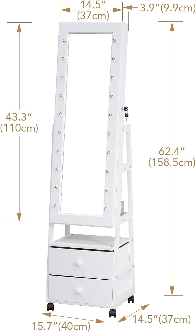 Jewelry Armoire Cabinet Organizer Standing with 20 LED Lights Lockable Full Length Mirror with Storage Shelves and 2 Drawers (White) Adjustable Tilt Angles Gift for Her