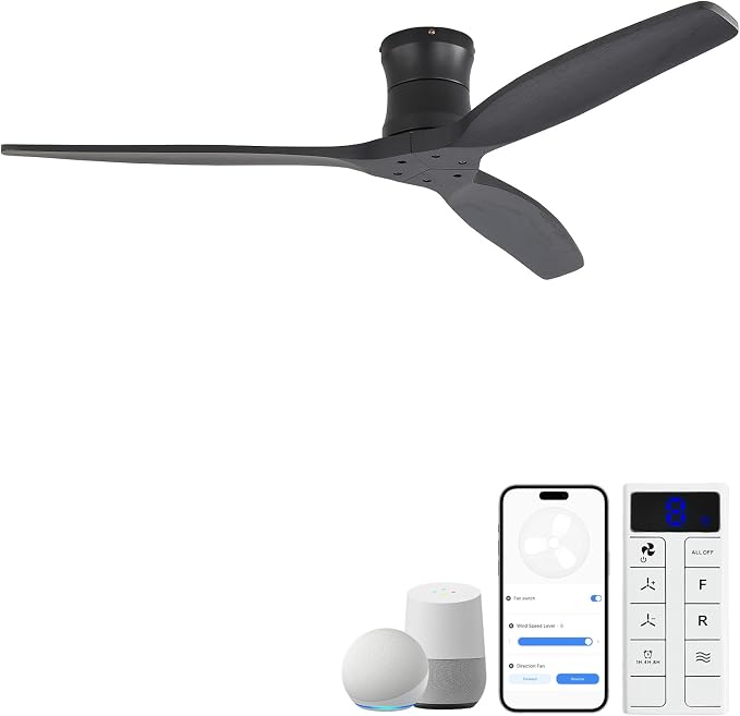 Sofucor 52" Smart Ceiling Fan No Light, Solid Wood Low Profile Ceiling Fan with Remote, Flush Mount Ceiling Fan Works with Alexa/Google/App 6-Speed Timing Reversible DC Motor for Living Room Bedroom