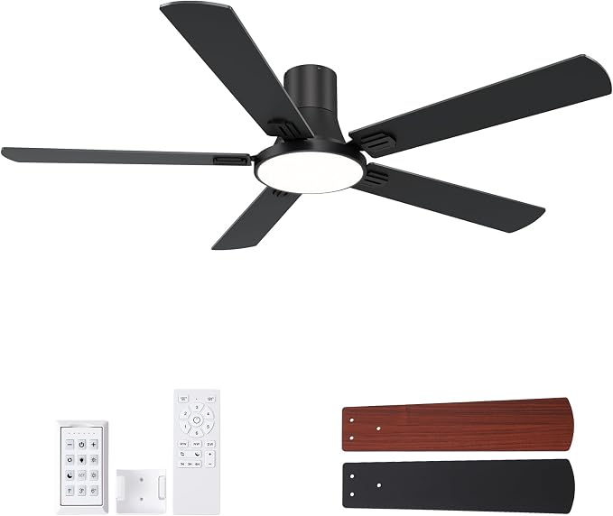 SNJ 60 Inch Black Ceiling Fans with Lights and Remote,Flush Mount Low Profile 5 Blades Ceiling Fan,Dimmable Quiet Reversible DC Motor for,Living Room,Bedroom and Patio