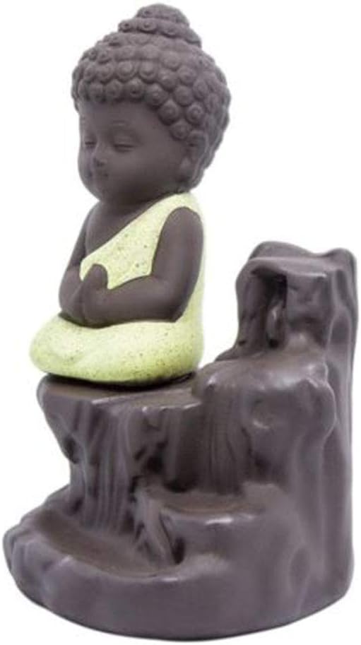Incense Burner Smoke Waterfall Backflow Holder Ceramics Porcelain Buddha Little Monk Tower Cones Sticks Ash Catcher(Yellow)