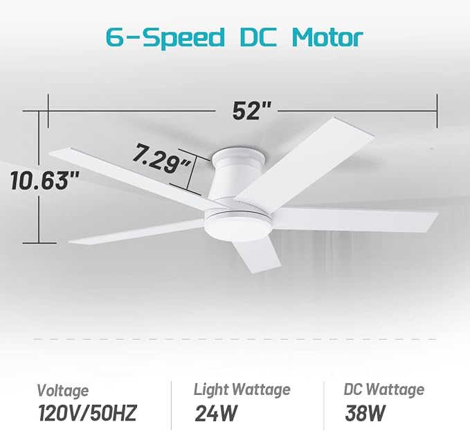wurzee 52" Ceiling Fan with Light, White,6 Speeds DC Reversible Motor,Timing, Dimmable for Bedroom, Kitchen, Patios