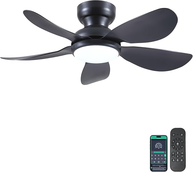 Kviflon 36 Inch Modern Ceiling Fans with Lights, Small Flush Mount Ceiling Fan, Remote/APP Control, 5 Reversible Curved Blades, 6 Speeds, 3 CCT Dimmable Lights for Kids Room Bedroom, Black
