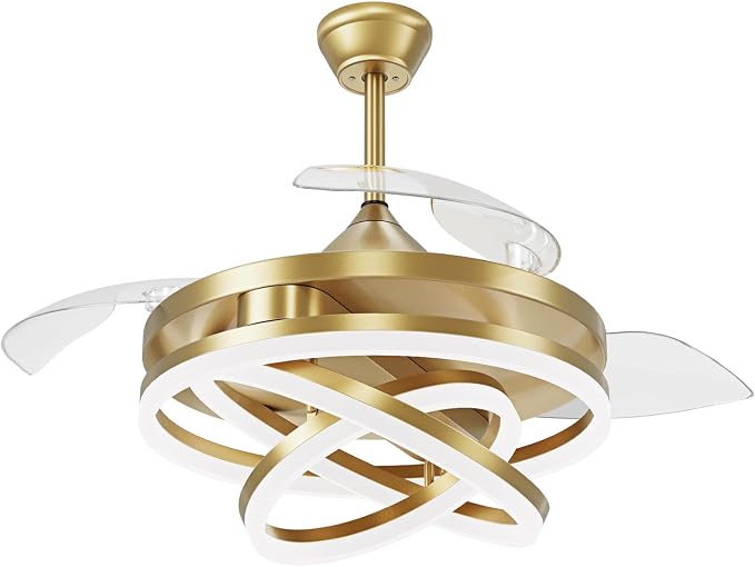 TXCSLY Retractable Ceiling Fan, 42 Inch Chandelier Ceiling Fans with Light, Modern Fandelier Ceiling Fan for Bedroom Living Room Dinning Room, Reverse Motor, 3 Color, 6 Wind Speed, Gold