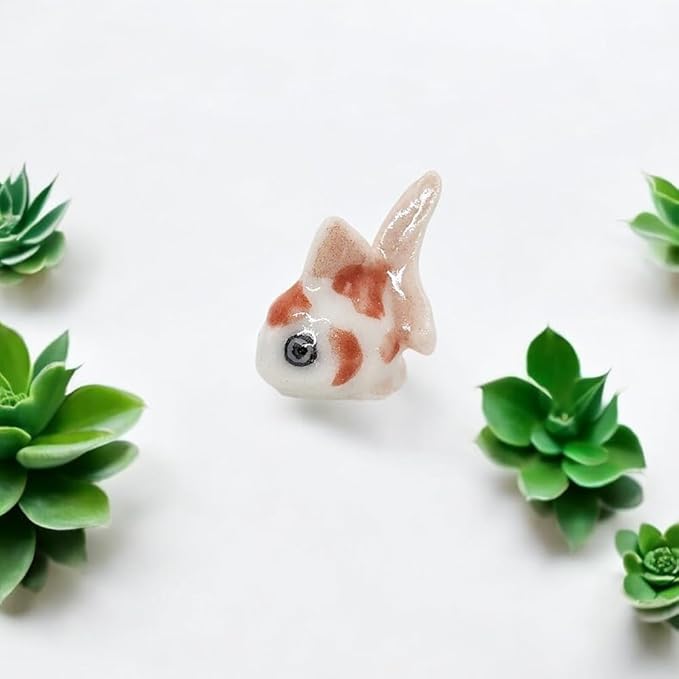 WitnyStore Tiny ⅝ Inch White Orange Oranda Goldfish Figurine - Miniature Hand Made Painted Ceramic Ryukin Fantail Gold Fish Aquarium Animals Cute Porcelain Decorative Collectible Figures Décor Gifts