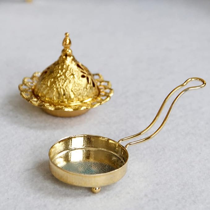 Veemoon Arabian Incense Burner, Frankincense Cone Charcoal Burner Vintage Bakhoor Arabian Diffuser Metal Oud - Stove Cover and Bowl - Gold Aroma Incense for Home Decoration