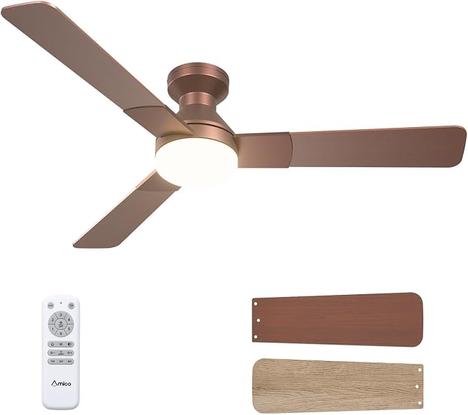 Amico Ceiling Fans with Lights, 52 inch Low Profile Ceiling Fan with Light and Remote Control, Flush Mount, Reversible, 3CCT, Dimmable, Noiseless, Brown Ceiling Fan for Bedroom, Indoor/Outdoor Use