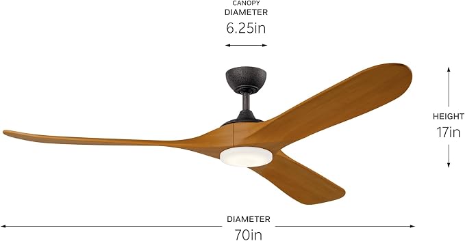 KICHLER Mylo 70 in Modern Ceiling Fan with Light and Remote Control, 6-Speed Indoor Outdoor Fan with Satin Etched Cased Opal Glass and Honey Maple Wood Blades in Anvil Iron, 310570AVI