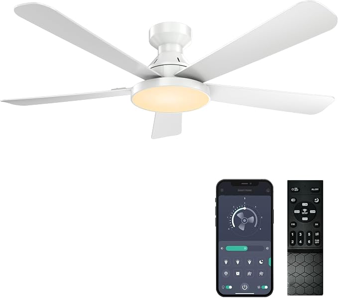 Ceiling Fans with Lights, 52 inch Flush Mount Ceiling Fan with Light, Remote/App Control, Low Profile Modern Ceiling Fan for Bedroom, Indoor/Outdoor (White)