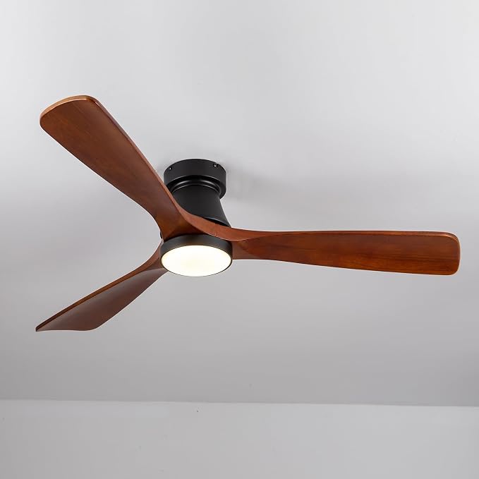 52 Inch Ceiling Fan with Lights, Remote Control, Flush Mount, Dimmable, Reversible, Wood Blades, Power-Off Memory, Quiet DC Motor, Modern Hugger Ceiling Fan for Living Room, Bedroom, Patio