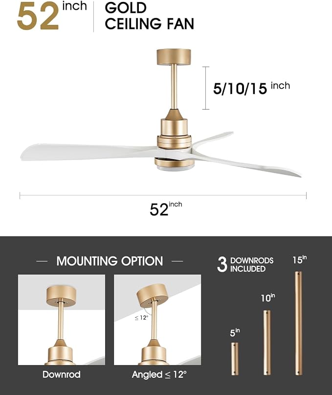 White and Gold Ceiling Fans with Lights and Remote, 52inch Modern Gold Ceiling Fan ETL Listed, 3 Downrods, 3 blade Gold Fan Reversible Quiet DC Motor, Timer,6-Speed for Outdoor Indoor,52in,White Gold