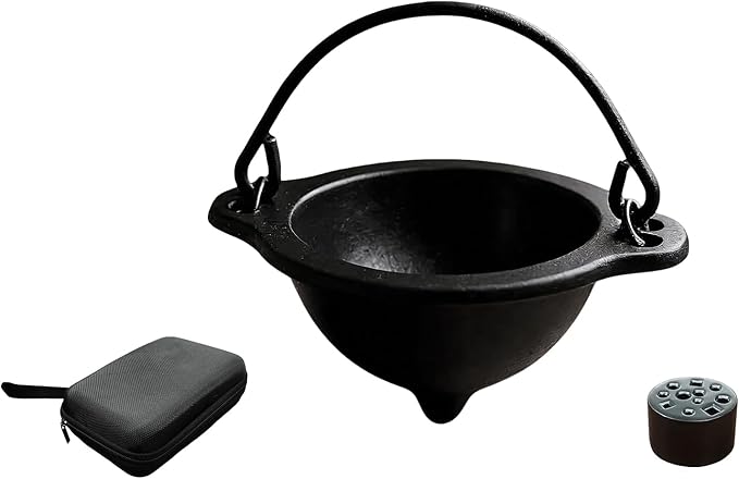 Cast Iron Incense Burner with Travelling Case, 3 Inch Cauldron with Handle and Stick Holder for Smudging, Ritual, Candle, Vintage Home Decor
