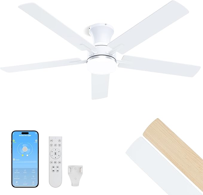 LANMEL 52 Inch Flush Mount Ceiling Fan with Light, App&Remote Control, Low Profile Modern Ceiling Fan, 6 Speed, Reversible, 3000k-6500k Dimmable LED, Quiet DC Motor for Indoor Outdoor, Silver White
